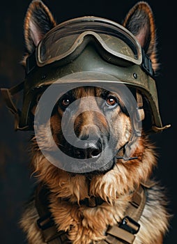 Portrait of German shepherd in military helmet and glasses