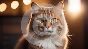 Portrait of a ginger cat with a white chest and yellow eyes on a background with blurred lights