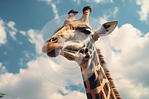 Portrait of a giraffe on the background of the blue sky.