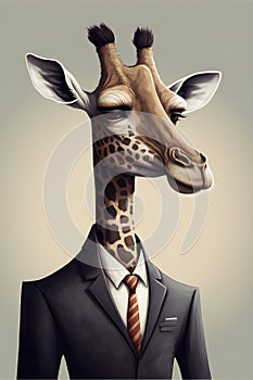 Portrait of giraffe in a business suit at the studio