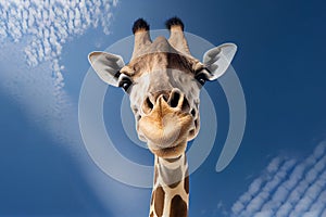 portrait of giraffe over blue sky.