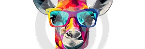 Portrait of a giraffe wearing sunglasses. Isolated on white background.