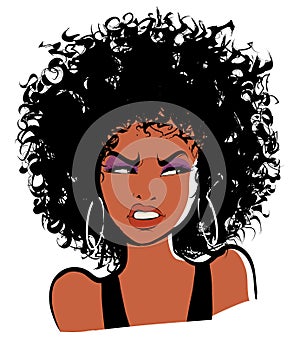 Portrait of a girl with afro-hairstyle in a cartoon style, anger expression