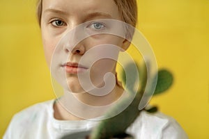 portrait of a girl with a cactus on a yellow background