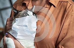 Portrait of girl and cat in quarantine wearing mask