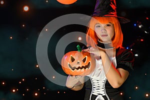 Portrait of Girl in Costumes Celebrates The Enchanting Halloween Season With Copy Space. Celebrating Halloween Haunt Party of