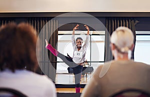 Portrait, girl and dancer with smile, judge and art of dancing, health and energy in audition and flexible. Ballet photo