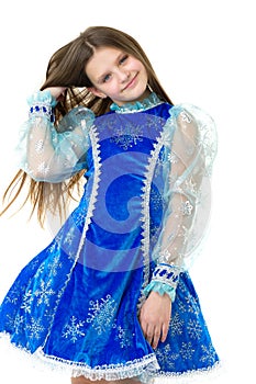 Portrait of girl dressed blue snow maiden dress