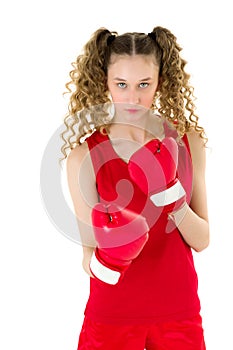 Portrait of girl fighting in red boxing gloves