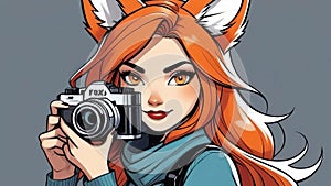 Portrait of a girl in the form of a fox with a camera in her hands, cartoon