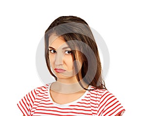 Portrait of girl frown her face in displeasure. emotional girl isolated on white background