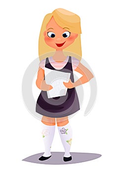 Portrait of girl get perfect test results with A plus. paper the top grade. Vector flat illustration.