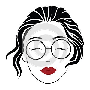 Portrait of a girl with glasses. Head of a beautiful girl. Face of a young woman with a female hairdo. Logo for the