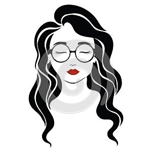 Portrait of a girl with glasses. Head of a beautiful girl. Face of a young woman with a female hairdo. Logo for the