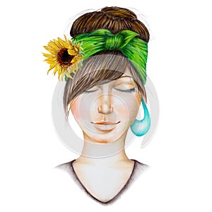 Portrait of a girl with a green kerchief and yellow sunflower on her hair