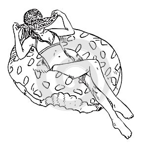 Portrait of girl in hat and bikini sunbathing on donut inflatable ring, hand drawn outline doodle, sketch