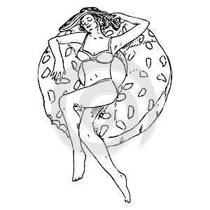 Portrait of girl in hat and bikini sunbathing on donut inflatable ring, hand drawn outline doodle, sketch