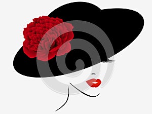 Portrait of a girl in a hat with a red pion.