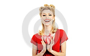 Portrait of girl holding red heart isolated on white background.