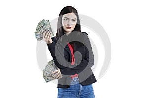 Portrait of a girl jacket bundle of money