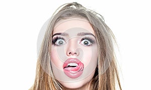 Portrait of a girl looking at camera over white background. Comic woman. Closeup portrait of surprised and funny femele