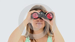 portrait of a girl looking through spyglasses