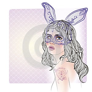 Fashion illustration with lady face and rabbit girl with a mask