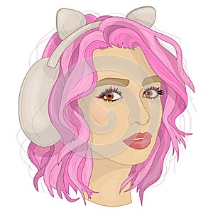 Portrait of a girl with pink hair and earmuffs with cat ears