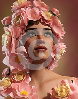 Portrait of a girl with pink Peonies, 3d CG