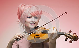 Portrait of girl in pink wig