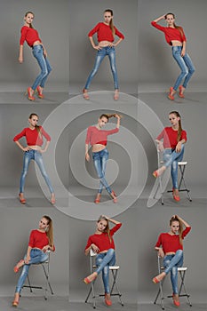 Portrait of a girl in a red sweter and jeans, collage