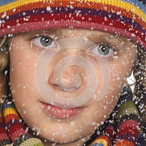 Portrait of a girl's face while snowing