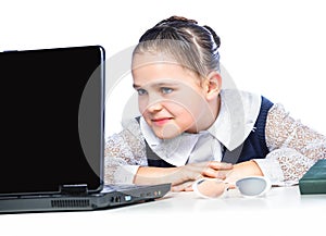 Portrait of a girl sitting at a school desk, school, classroom,