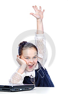 Portrait of a girl sitting at a school desk, school, classroom,