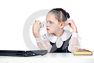 Portrait of a girl sitting at a school desk, school, classroom,