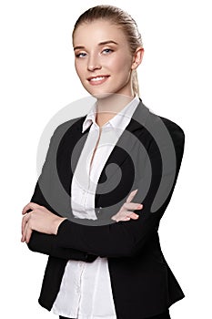 Portrait of girl in suit on white background