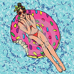 Portrait of girl in sunglasses and red bikini sunbathing on pink donut inflatable ring, blue clean water waves background