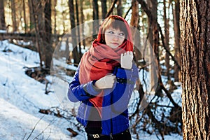 Portrait of a girl in a Sunny winter forest, which stands near a tree in a blue jacket and a red scarf