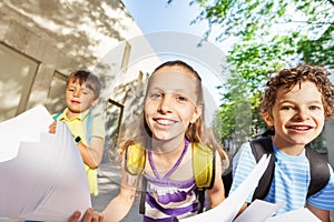 Portrait of girl want go back to school with mates