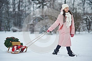 Portrait of girl in winter forest. Girl carries a Christmas tree and presents with sled.