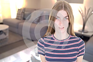 Portrait of girl after work at home in the living room at home with a warm light of sunset