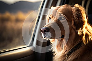 Portrait of a golden retriever looking out car window, animals, pets
