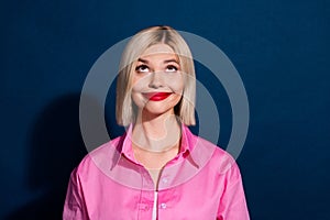 Portrait of good mood girl with bob hairdo red lipstick wear stylish shirt look up at offer empty space isolated on dark