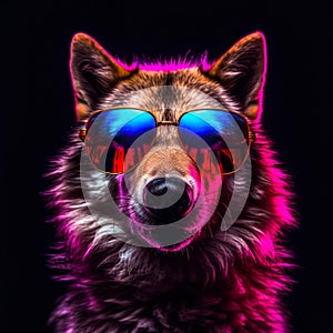 portrait of a gorgeous stylish trendy modern wolf animal in stylish glasses. Black backgorund. Creative portrait in iridescent