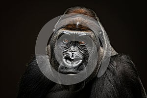 Portrait of a gorilla on a dark background with intense gaze., Generated AI