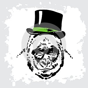 Portrait of a gorilla monkey in a top hat. Simple handmade sketch drawing. Funny drawing of an animal on a white