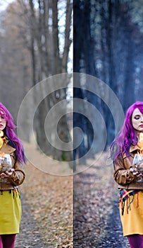 Gothic Girl with purple hair is standing with a burning glass in her hands in the alley in the autumn forest. Concept editing, pho
