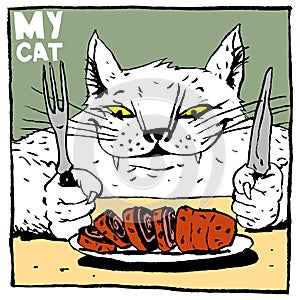 Portrait of a gourmet cat, with a roll, fork and knife. Color humorous illustration, suitable for the design of publications and p