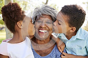 Portrait Of Grandchildren Kissing Grandmother In Park