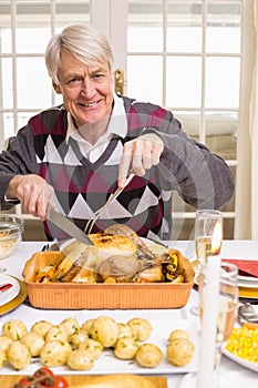 Portrait of a grandfather carving roast turkey at christmas